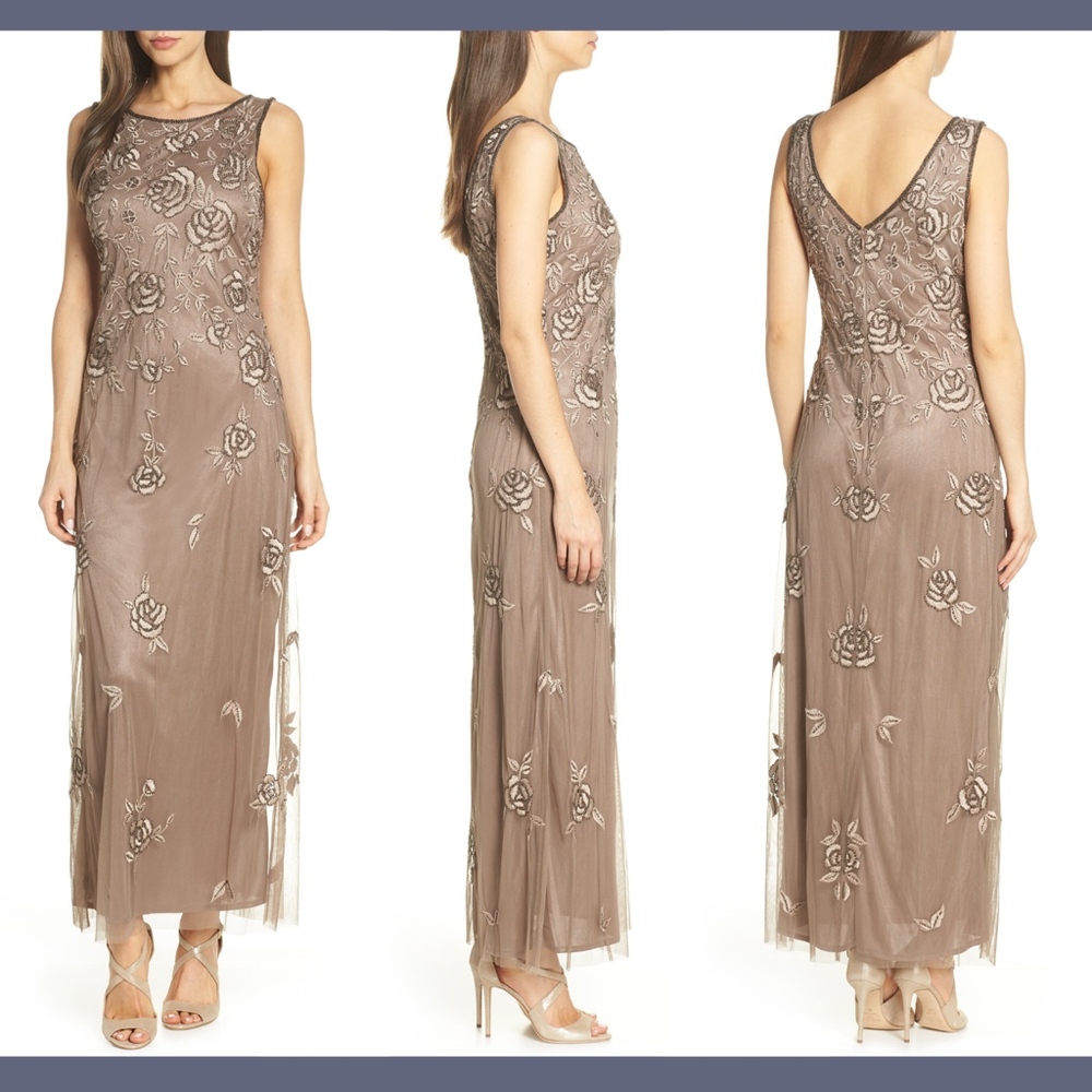 NWT Pisarro Nights Rose‎ Embroidered Long Dress Gown in Mocha [SZ 14 ]
